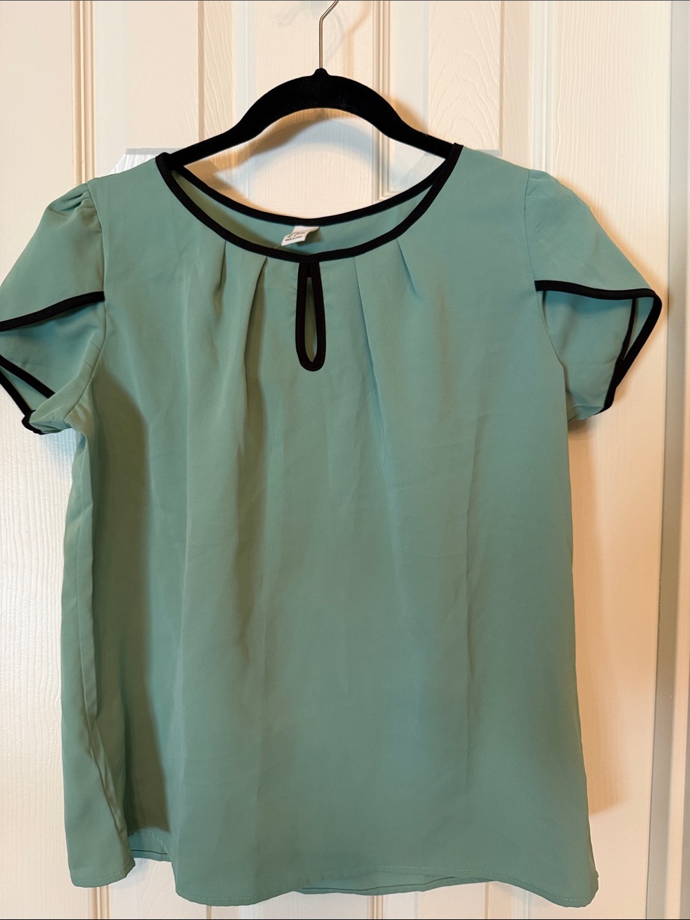 Mint Green Short-Sleeve Blouse with Black Trim